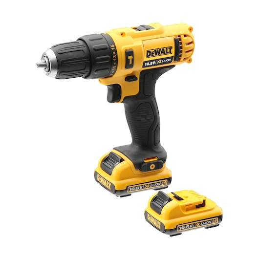 A yellow and black DEWALT cordless drill with 10.8V XR Li-Ion battery, shown with an additional battery pack beside it.
