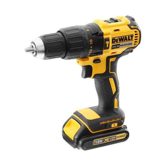 A DEWALT 18V cordless brushless drill with a lithium-ion battery, shown in a side view on a white background.
