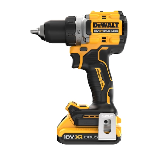A DEWALT 18V XR brushless cordless drill with a yellow and black design, featuring the brand logo and model details clearly visible on the side.