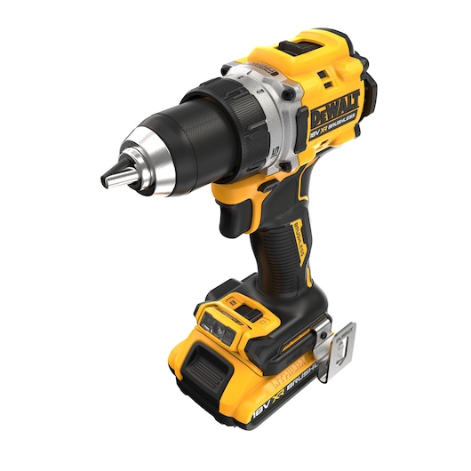 A DEWALT DCD800D2T cordless drill with a yellow and black design, equipped with an 18V XR brushless motor and lithium-ion battery.