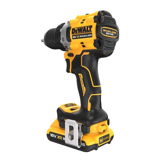 A DEWALT 18V XR Brushless cordless drill with black and yellow body, featuring a brushless motor and a battery attached at the base. The drill is shown standing upright against a white background.