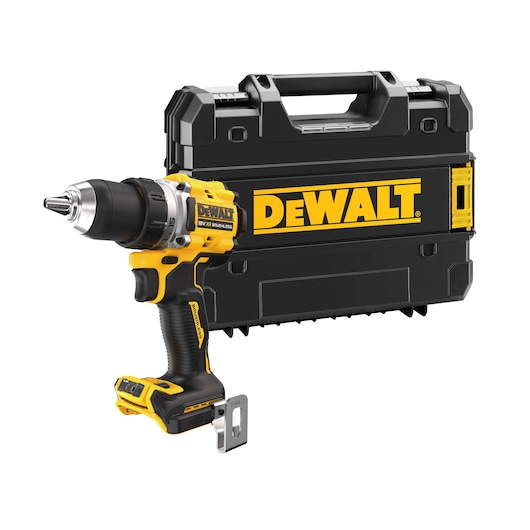 A DEWALT cordless drill with a black and yellow body, shown in front of a sturdy black carrying case with a large DEWALT logo.