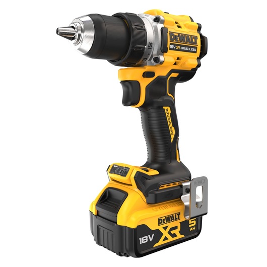 A DEWALT 18V XR brushless cordless drill with a 5Ah battery, shown in black and yellow. The drill features a robust grip, metallic chuck, and a belt clip attached to the side.