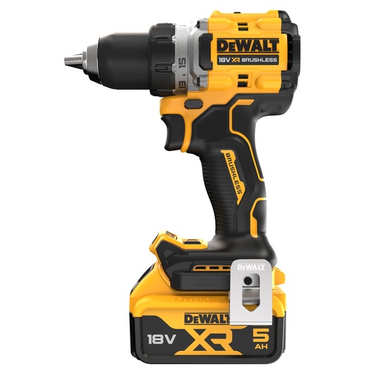 A DEWALT 18V XR brushless cordless drill, featuring a yellow and black design with a 5Ah lithium-ion battery attached.