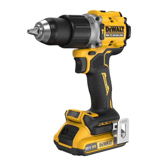 A DEWALT 18V XR brushless cordless drill with a yellow and black design, showing the side profile and battery attached.