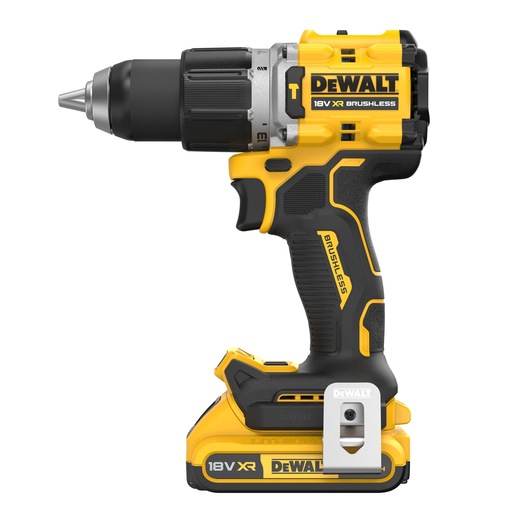 A DEWALT 18V XR brushless cordless drill with a yellow and black color scheme, shown standing upright on a white background. The drill features a compact design with ergonomic grip and labeled battery pack.