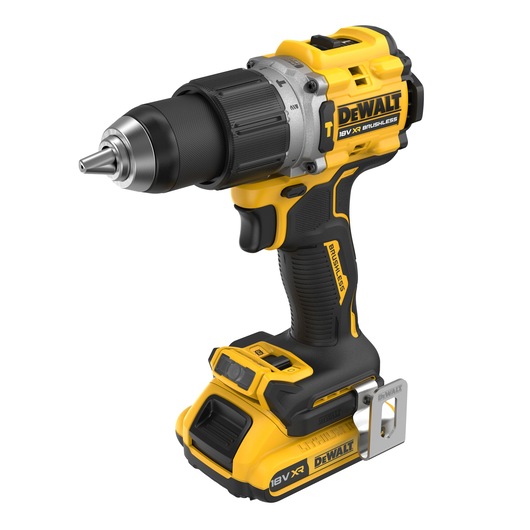 A DEWALT DCD805D2T cordless drill with an ergonomic black and yellow design, equipped with a brushless motor and a 18V XR battery.