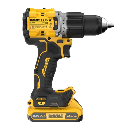 A DEWALT DCD805D2T 18V XR cordless brushless drill with a 2.0 Ah lithium-ion battery, featuring a yellow and black ergonomic design.