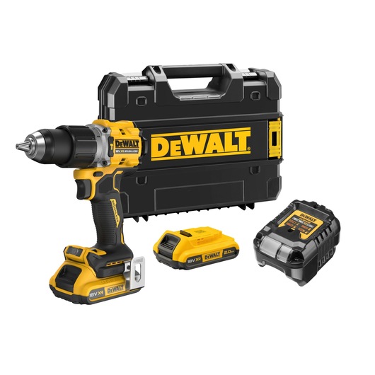 A DEWALT 18V XR brushless cordless drill set, including a yellow and black drill, two rechargeable battery packs, a battery charger, and a hard carrying case with DEWALT branding.
