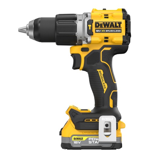 A DEWALT 18V XR Brushless cordless drill, featuring a yellow and black design, lithium-ion battery, and ergonomic handle.