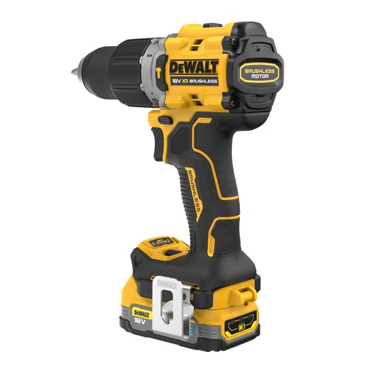 A DEWALT 18V XR brushless cordless drill driver with a yellow and black design, featuring a brushless motor and a metal belt clip at the base.