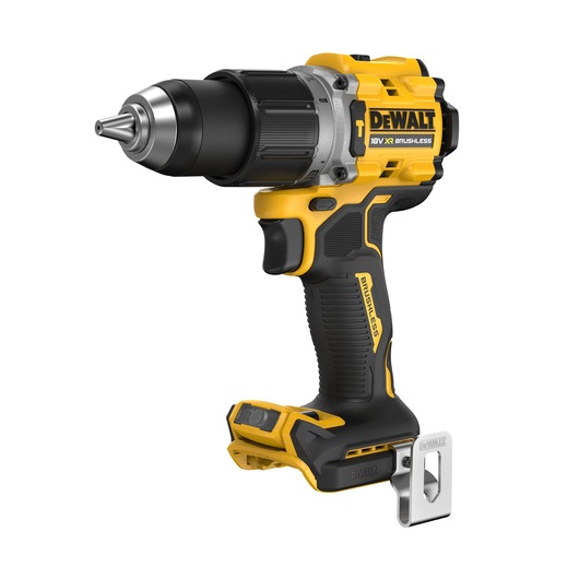 A DEWALT cordless power drill, 18V XR brushless model DCD805NT, with a yellow and black design, shown without battery attached.
