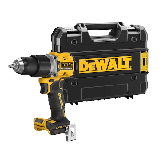A DEWALT cordless power drill with a brushless motor, shown in front of a black and yellow DEWALT carrying case.