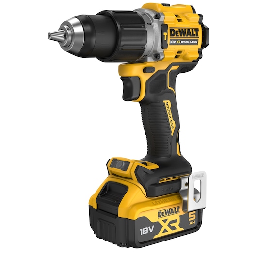 A DEWALT 18V XR brushless cordless drill with a black and yellow design, featuring a 5 Ah lithium-ion battery, ergonomic handle, and belt clip.