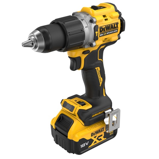 A DEWALT DCD805P2T cordless drill with an 18V XR lithium-ion battery and brushless motor. The tool is yellow and black with a metal belt clip attached.