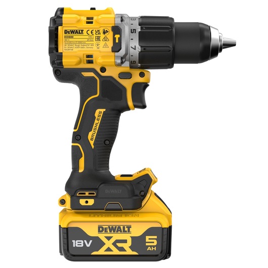 Cordless DEWALT brushless drill driver model DCD805P2T with a yellow and black design, equipped with an 18V XR lithium-ion battery, 5Ah capacity.