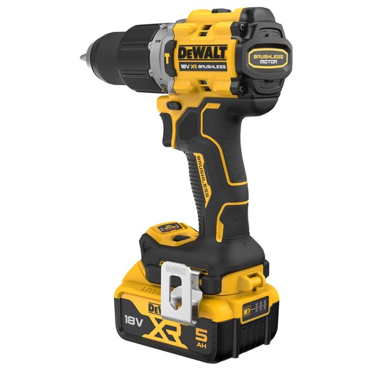 A DEWALT DCD805P2T 18V XR cordless drill driver with brushless motor, featuring a yellow and black design and a rechargeable battery pack.