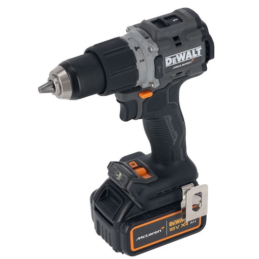 A DEWALT branded cordless drill with an 18V lithium-ion battery, part of the McLaren special edition, shown upright against a white background.