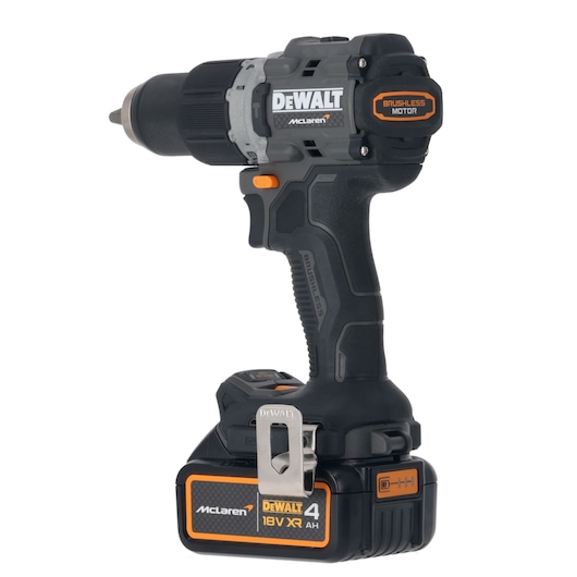 A DEWALT cordless power drill with a brushless motor, featuring McLaren branding and an 18V XR 4Ah battery, shown against a white background.