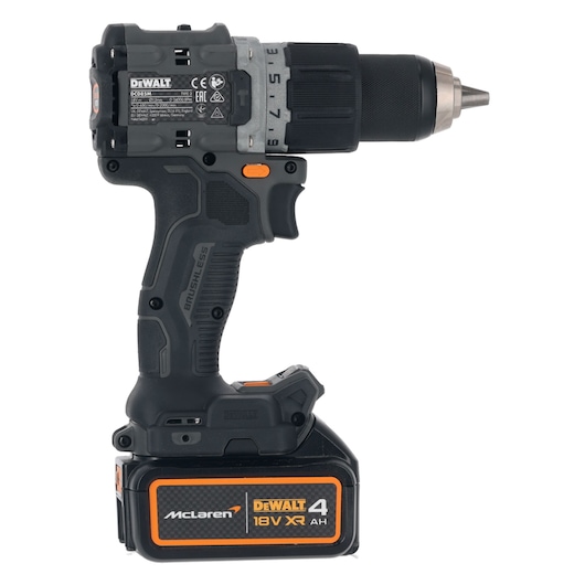 A DEWALT cordless power drill with a black and orange design, featuring a brushless motor and an 18V XR 4AH lithium-ion battery. The battery is branded with 'McLaren'. The drill is positioned upright with visible controls and labels.