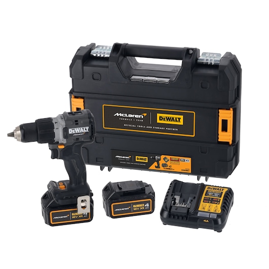 DEWALT cordless drill kit with McLaren branding, including a power drill, two 18V XR batteries, battery charger, and a hard carrying case.