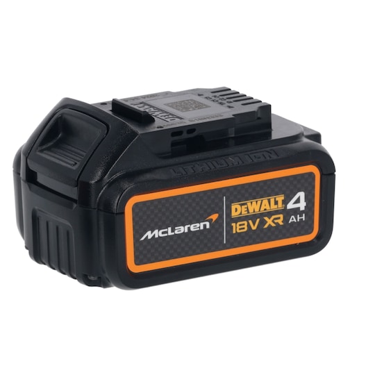 A DEWALT branded 18V XR lithium-ion battery with 4Ah capacity, featuring a McLaren logo. The battery has a rectangular shape and is black with orange and gray details.