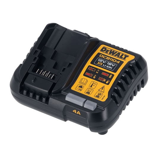 A DEWALT DCB1104 XR Li-Ion battery charger for 12V and 18V batteries, shown with black and yellow design, charge indicators, and connector slot.