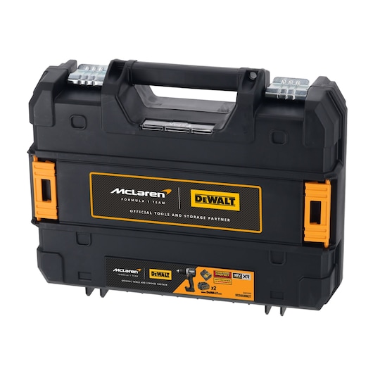 A black DEWALT carrying case with orange accents and metal latches, featuring McLaren Formula 1 Team and DEWALT branding. The case is designed for tool storage and transport.
