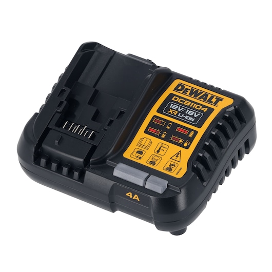 A DEWALT DCB1104 battery charger for 12V and 18V XR Li-Ion batteries. The charger has a black and yellow design with various icons and the DEWALT logo on the top.