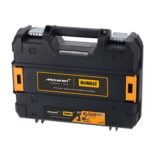 A black DEWALT branded plastic toolbox with orange accents and a carrying handle. The toolbox features the McLaren Formula 1 Team and DEWALT logos and is labeled as the official tools and storage partner. Suitable for organizing and transporting tools.