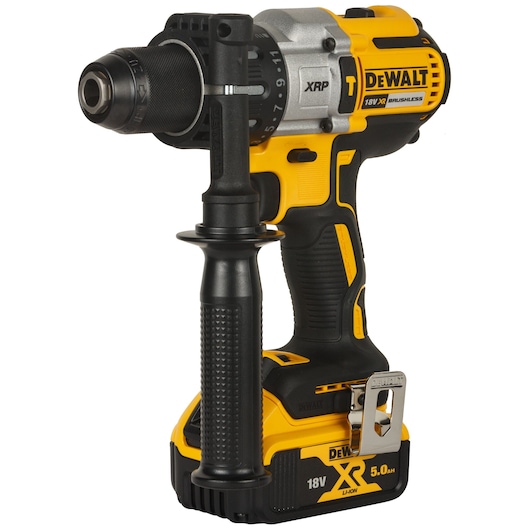A DeWalt DCD996P1 18V XR brushless cordless drill, featuring a yellow and black body, side handle, and rechargeable battery pack.