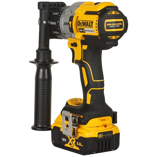 A DEWALT DCD996P1 cordless power drill with an 18V XR Li-Ion battery, featuring a brushless motor and a side handle.