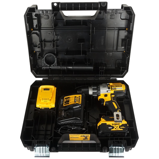 A DEWALT DCD996P2 cordless drill set in a black hard plastic carrying case, including an 18V XR brushless drill, battery, charger, and handle accessory.