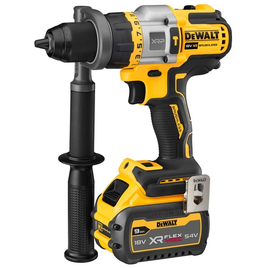A DEWALT cordless power drill model DCD999X1 with a side handle and attached 18V XR Flex Volt lithium-ion battery. The drill is yellow and black with brushless technology.