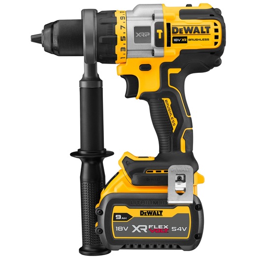 A DEWALT cordless power drill with an 18V XR FLEXVOLT 54V lithium-ion battery attached and a side handle for better grip. The drill is yellow and black with brushless motor technology.