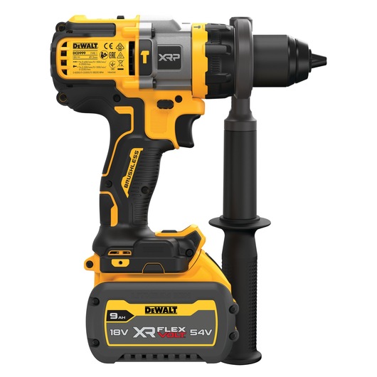 A DEWALT DCD999X1 cordless brushless power drill with an attached handle and rechargeable XR FLEXVOLT lithium-ion battery, shown in yellow and black.