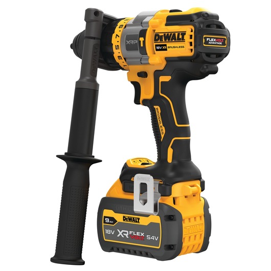 A DEWALT cordless power drill with a side handle, featuring yellow and black design. The drill is equipped with an 18V XR FLEXVOLT lithium-ion battery, and has the DEWALT branding on both the drill body and battery.