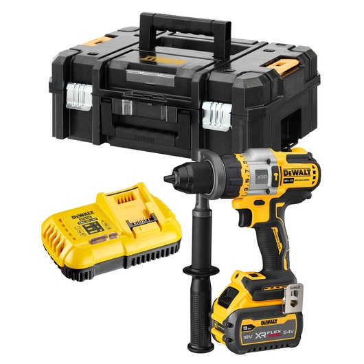 DEWALT cordless drill set including a black and yellow drill with side handle attachment, a battery charger, and a black tool box with orange accents.