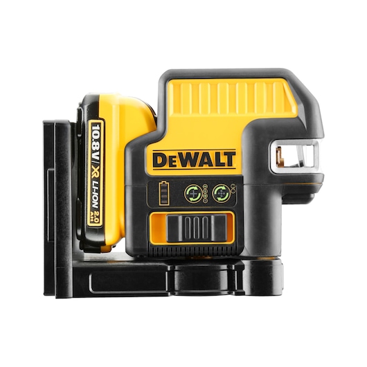 DEWALT DCE0822D1G 10.8V XR Li-Ion cross line laser level for professional photography, shown from the side with yellow and black casing and labeled controls.