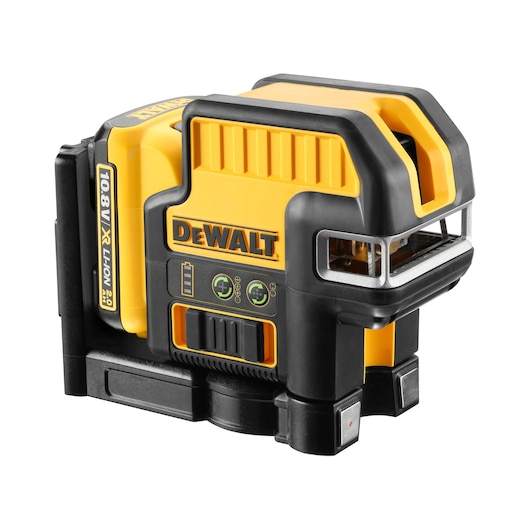 A DEWALT DCE0822D1G green cross line laser level with a 10.8V XR Li-ion battery, designed for precision leveling and alignment tasks, shown on a white background.