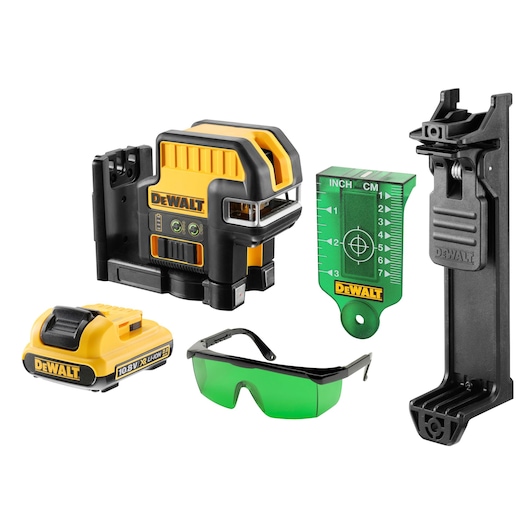 A DEWALT laser level photography kit including a yellow and black laser level, a rechargeable battery, green safety glasses, a green target card with measurement markings, and a black mounting bracket.