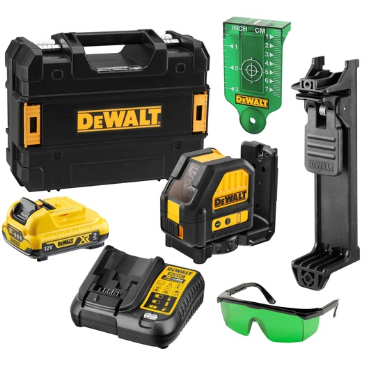 DEWALT laser level kit with a black and yellow carrying case, green target plate, wall mount bracket, rechargeable battery, battery charger, green safety glasses, and a black and yellow laser level device.