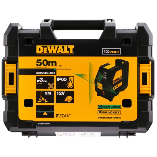 Front view of a DEWALT DCE088D1G cross line laser kit case displaying product specifications, including a 50 meter range, IP65 rating, ±3mm accuracy, green laser technology, and 12 volt system. The case features the DEWALT logo and an image of the cross line laser device.