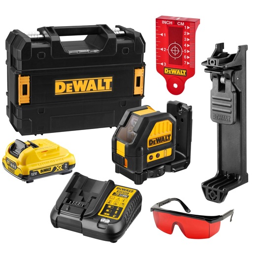 DEWALT laser level kit including a black carry case, yellow and black laser level device, battery, battery charger, red target plate, mounting bracket, and red safety glasses.