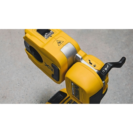 DEWALT photography tool DCE154N, DCE154N-XJ in close-up, showing yellow and black details.