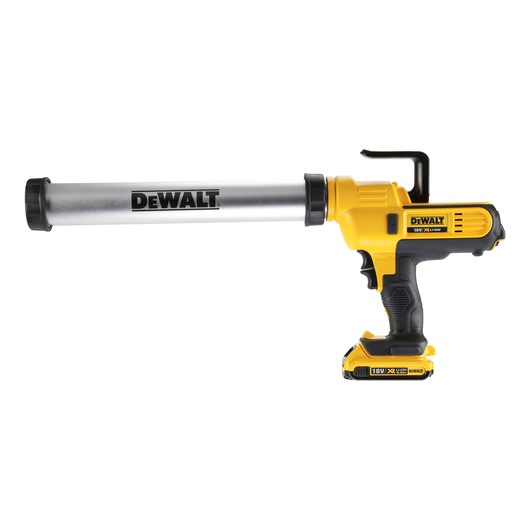 DEWALT DCE580D1 cordless caulking gun with yellow and black handle, used for dispensing sealants.