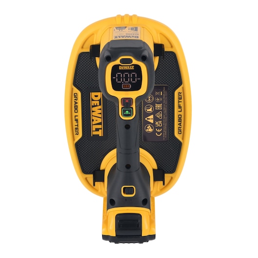 Top view of a DEWALT Grabo Lifter, a yellow and black handheld tool designed for lifting and handling materials with a suction mechanism, featuring a digital display and control buttons.