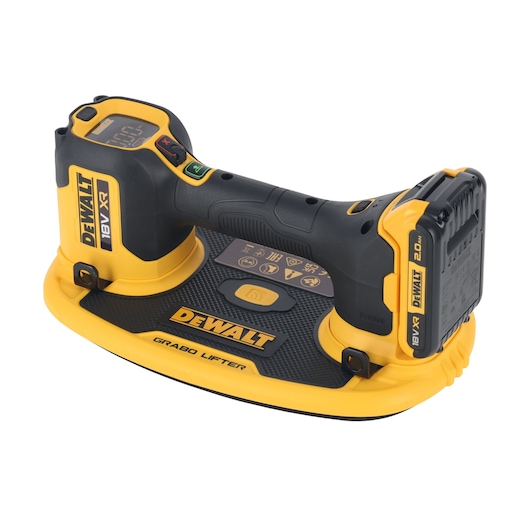 A DEWALT branded Grabo Lifter tool with an 18V XR 2.0Ah battery. The tool is yellow and black, has a digital display, and is designed for lifting and handling materials.