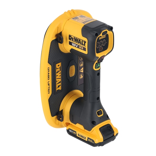 A DEWALT 18V XR Grabo Lifter, a yellow and black handheld lifting device with a digital display and ergonomic handle, designed for lifting and handling heavy materials.