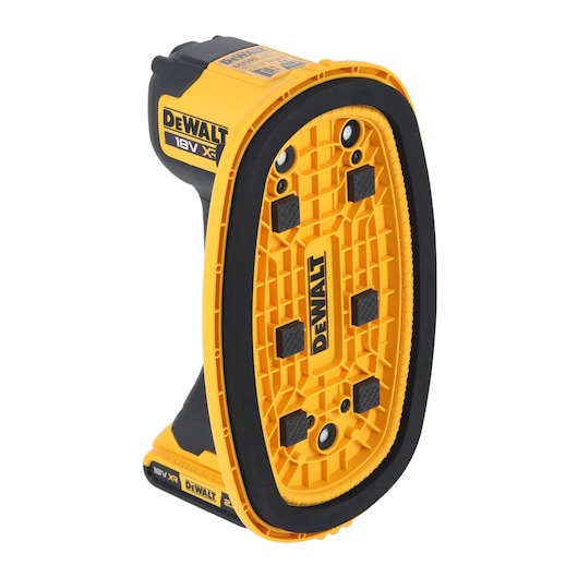 A yellow and black DEWALT 18V XR cordless tool, shown from a low angle with the base and side profile visible. The product features a textured surface, rubberized edges, and DEWALT branding on multiple sides.